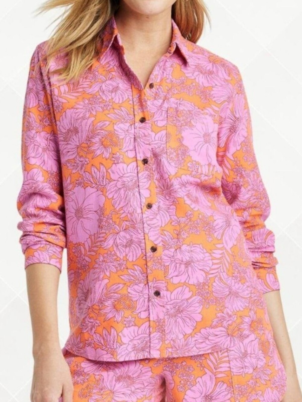 Universal Thread Pink & Orange Floral Linen Blend Button-Down Shirt Size 3X